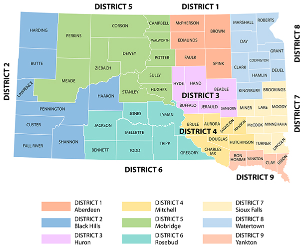 Image of a District Map of South Dakota.